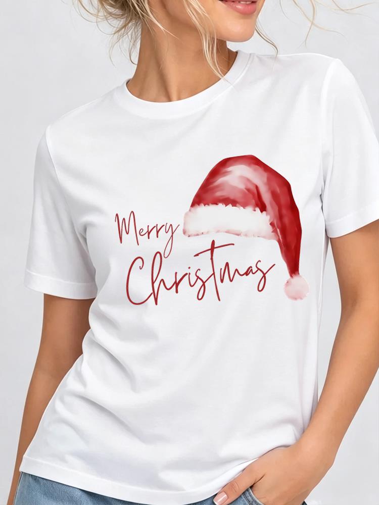 (Asian Size) Lovely Tree Style Christmas New Year Clothing T Shirt Women Fashion Festival Tee Top Print Female Woman Short Sleeve Graphic T-shirts