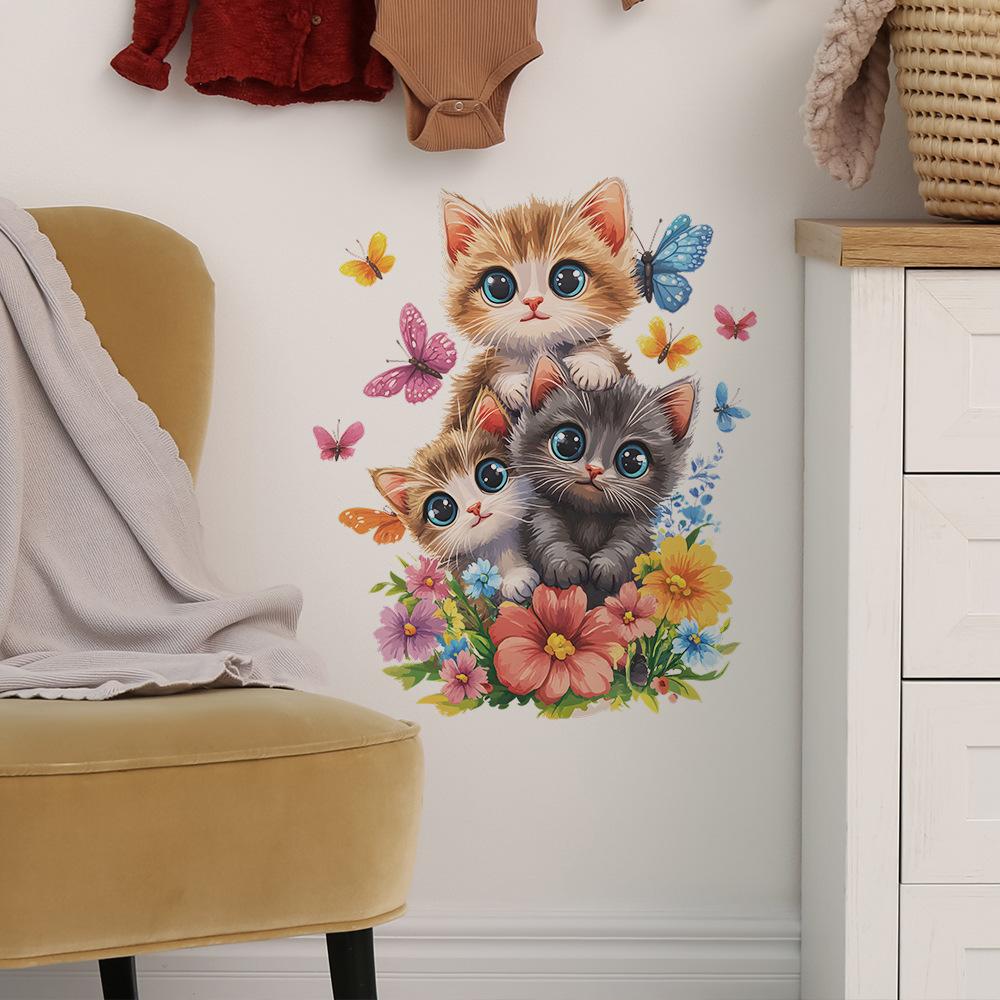 Cute Cat Floral Wall Sticker Self-Adhesive Removable for Bedroom Living Room Closet Dorm Home Decor Art