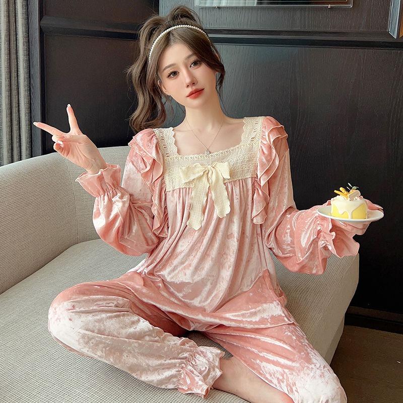 Spring and Autumn Pajamas Women's Gold Velvet Long Sleeve Pajamas Set Palace Diamond Velvet French Sweet Ladies Home Clothes