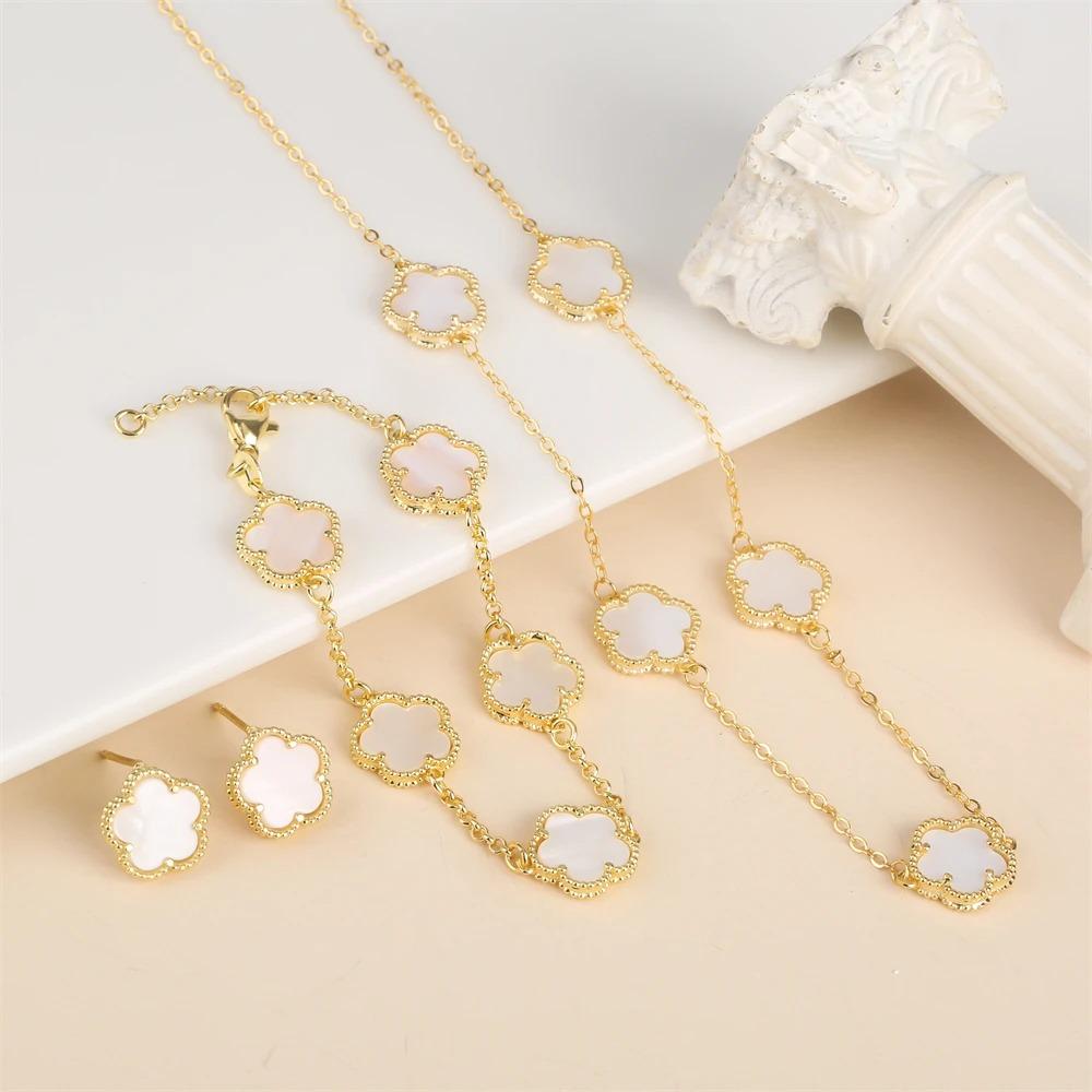 2024 Hot Sale 10 Colors Five-Leaf Flower Set Bracelet Necklace Classic Simple Women Zircon Set Suitable For Daily Party Wear
