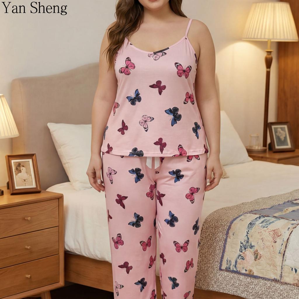 Plus Size Women Butterfly Print Pajama Set, Sleeveless Cami Tank Top & Elastic Long Pants 2 Piece Summer Soft Loungewear Sweet Sleepwear Nightwear