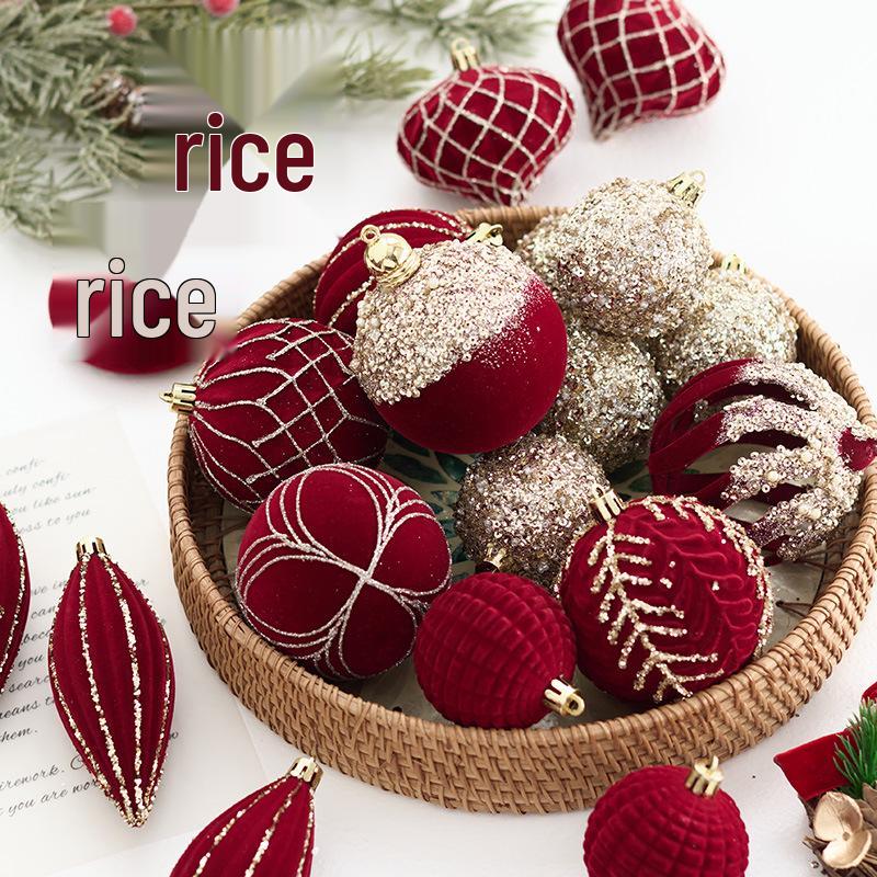New Dark Wine Red Flocked Christmas Tree Ornament Balls - Irregular Shaped and Painted Pendants