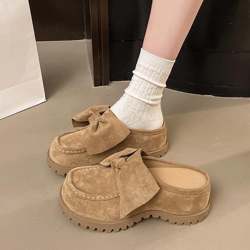 Fashion Fashion Baotou Slippers Autumn New Round Toe Deep Mouth Bow Suede Soft Sole Non-slip Pumps