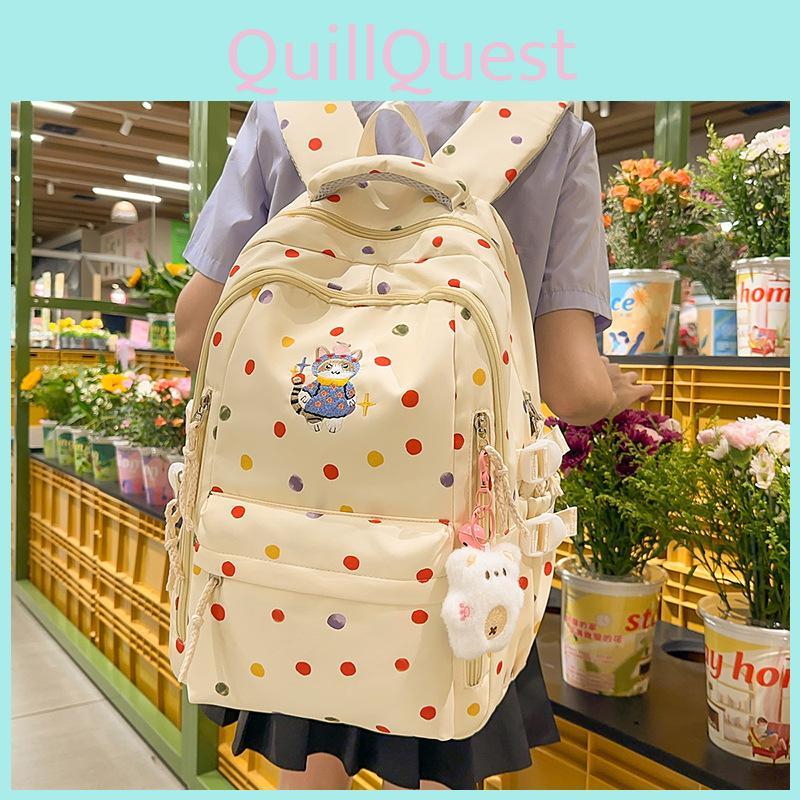 Cute Colorful Polka Dot Cartoon Cat Embroidery Pattern Backpack Students