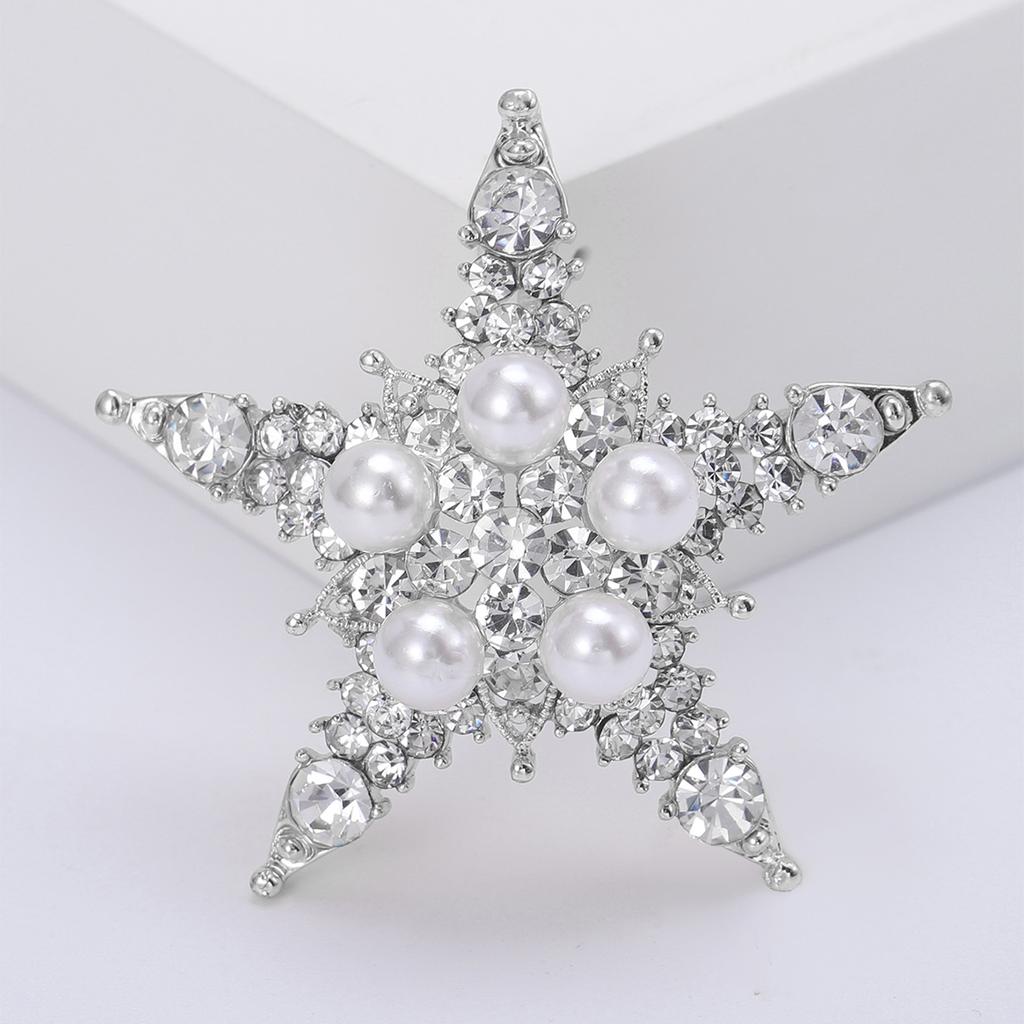 Rhinestone Pentagram Pins for Women Unisex Pearl Star Brooches Event Party Backpack Decoration Clothes Accessories