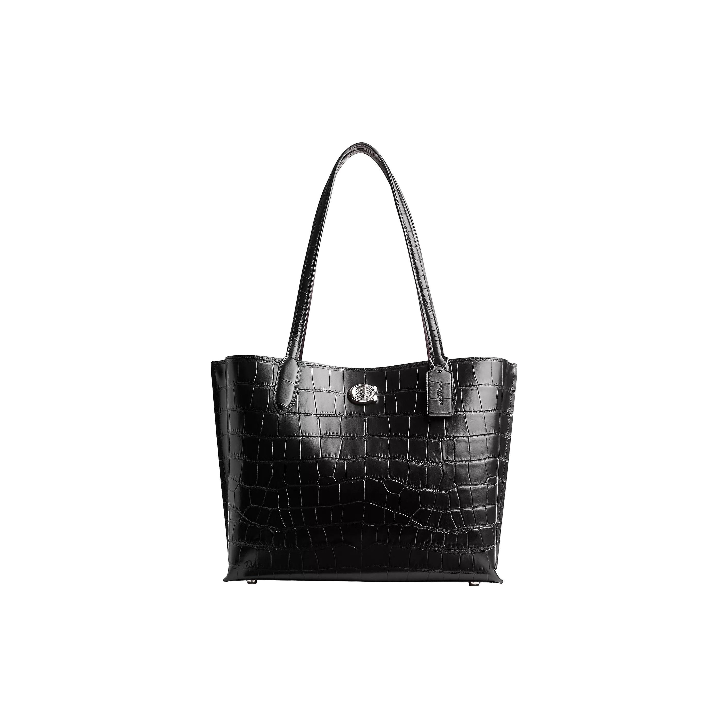 

Coach Willow 34 Crocodile Pattern Logo Magnetic Buckle Zipper Compartment Leather Tote Bag Women tote bags Silver Black CP140-LHBLC Basic Set (Bag+Dust Bag)