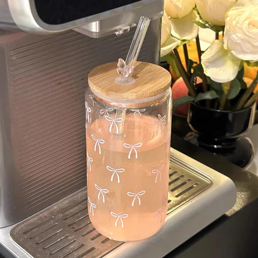 Cute Bowknot Glass Cups With Bamboo Lid And Straw 500ml Can Shaped Glass Cups Iced Hot Coffee Juice Glasses Tumbler Cup Gift