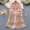 2024 Spring New French sle Puff sleeve Breasted Waist Hugging Slimming Temperament Long Print Formal Dress Chiffon Dress