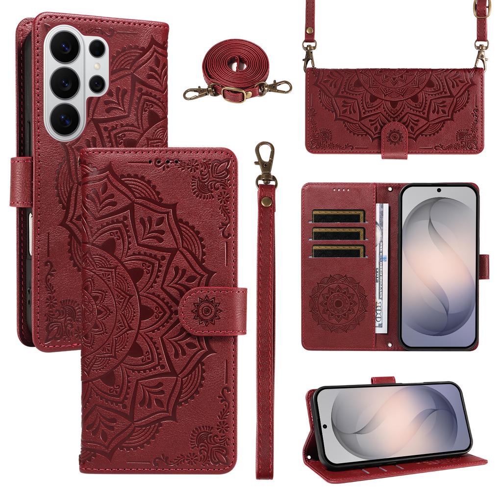 Crossbody Long Lanyard Cards Solt Datura Embossed Leather Case for Samsung S26 Ultra S25 S24 Plus S23 S22 A17 A07 A57 A37 Cover