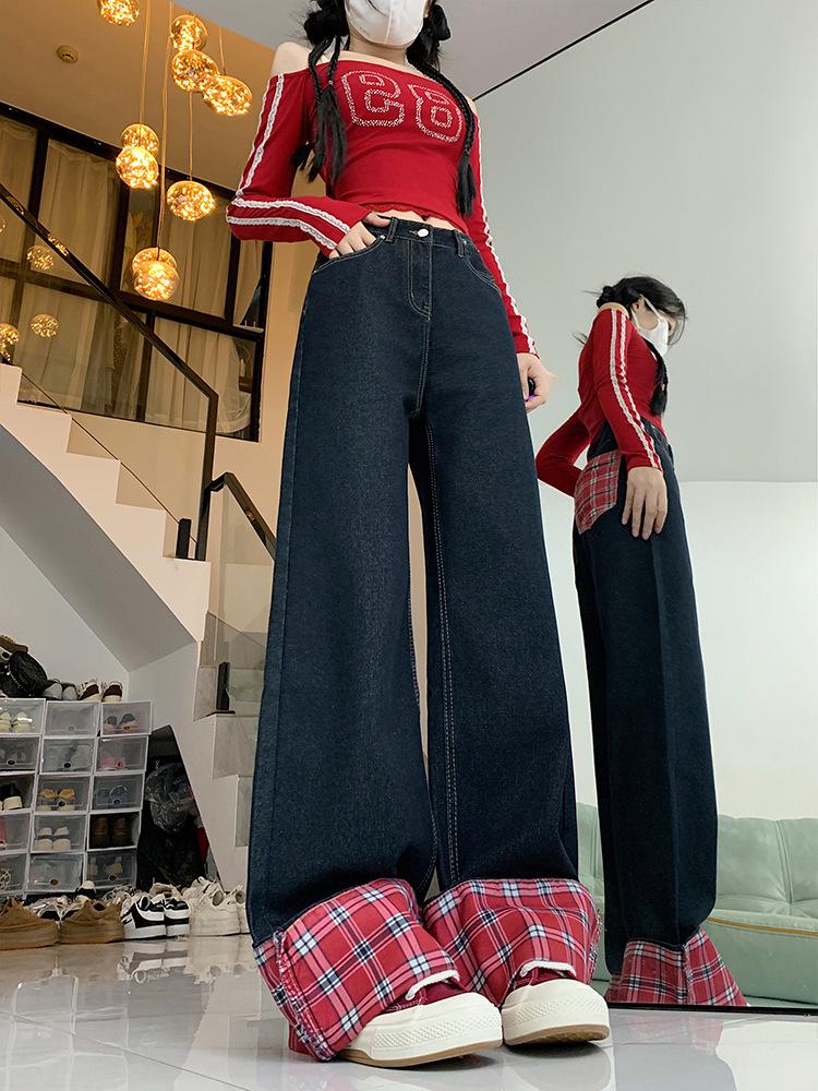 Jeans de Pierna Ancha con Parches a Cuadros Rojos de Cintura Alta para Mujer - Otoño/Invierno 2024, Tallas Grandes Estilo Retro Adelgazante