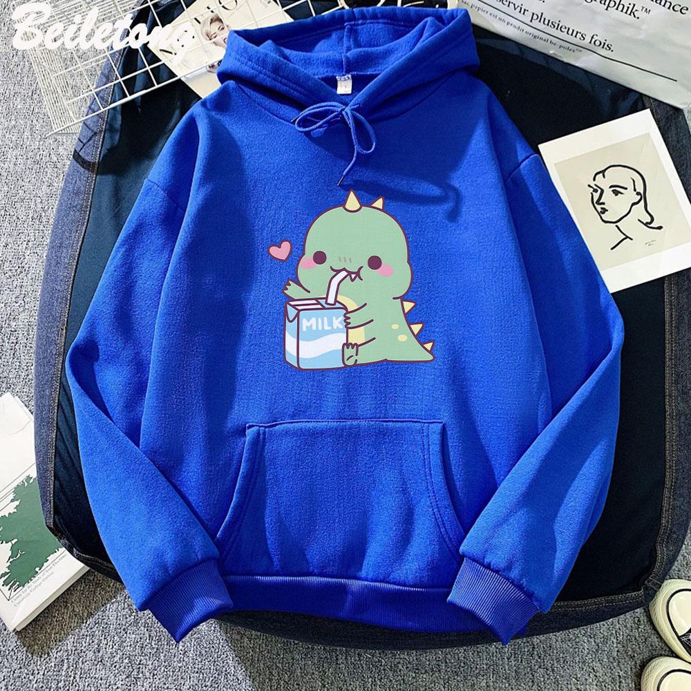 Dinosaur Oversized Tegneserie Dame Genser Hettegenser Søtt Trykk Kawaii Klær for Jente Pullover Casual Morsom Dame Harajuku Varm