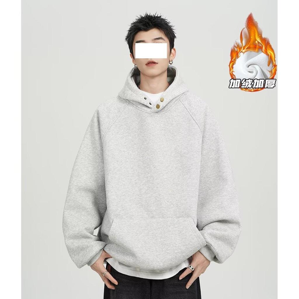 Heavy Button Hooded Sweater Men's Spring and Autumn Velvet Trendy Brand Loose Casual Solid Color Versatile American Hoodie Jacket