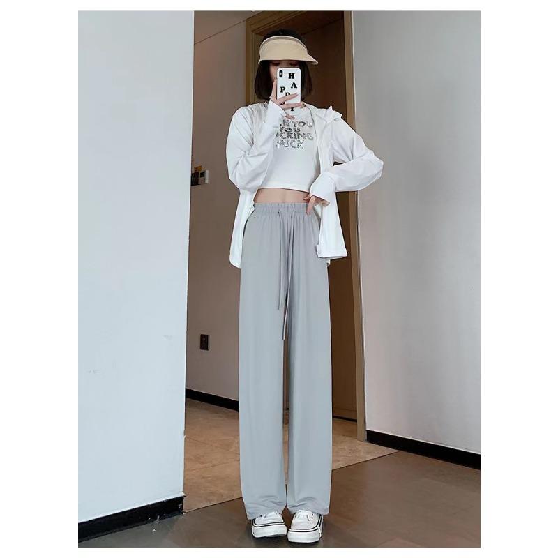Ice Silk Sunscreen Wide-leg Pants Women's Summer Thin Drawstring Quick-drying Straight Casual Pants Drape Thin Cool Sunscreen Pants