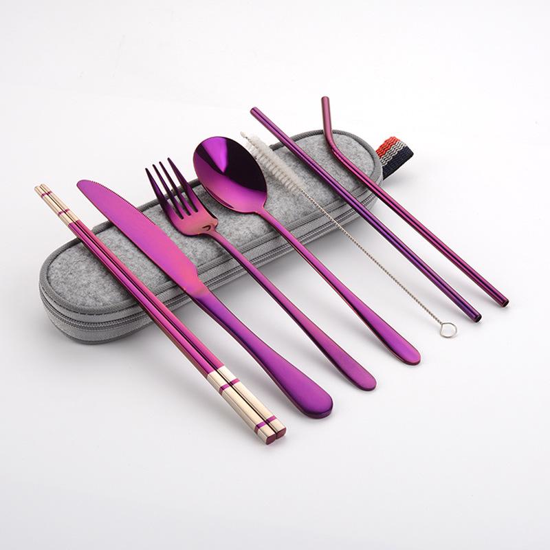Cross-border Stainless Steel Travel Cutlery Set: Knife, Fork, Spoon, Straw, Chopsticks, and Portable Bag.