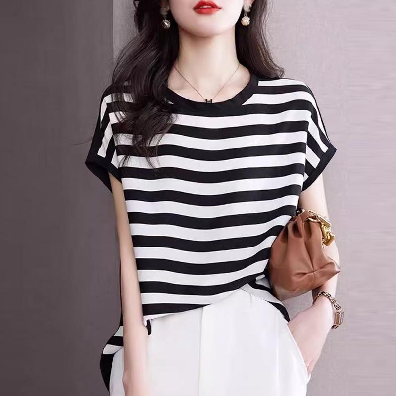 ZANZEA Women Casual Round Neck Short Sleeve Striped Solid Color Loose Blouse