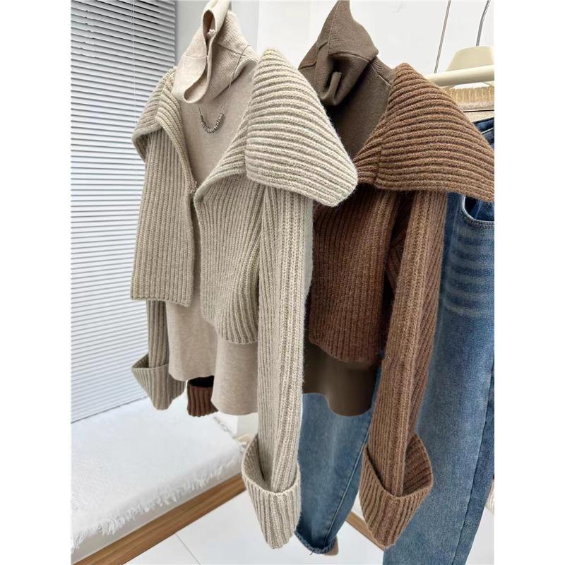 Elegant Knitted Cardigan Women Short Sweater Jacket Spring and Autumn Long Sleeve Casual Korean Fashion Lapel Coats Solid Simple Office Clothes