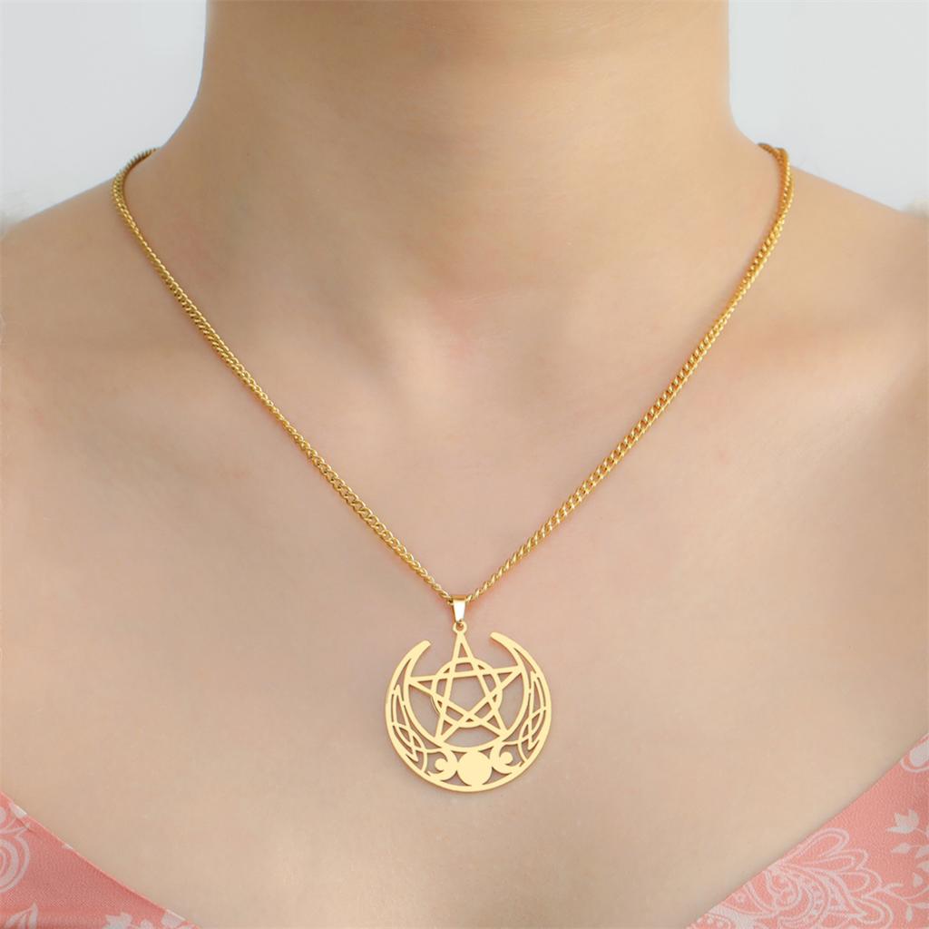  Pentagram Triple Moon Goddess Necklace Stainless Steel Hollow Witch Talisman Necklace Greek Jewelry Gift Wholesale