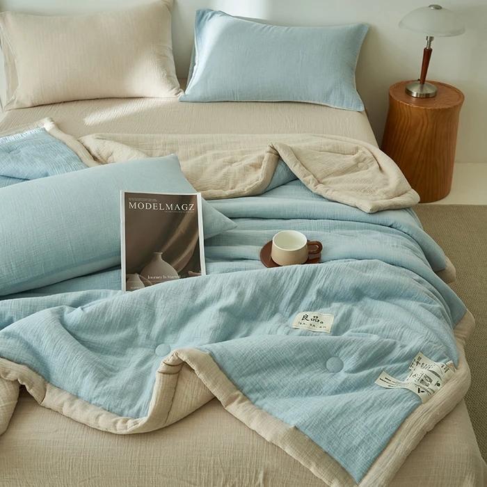 Class A fiber double-layer yarn soybean fiber summer quilt 4-piece set wrinkled yarn air conditioner quilt thin washable quilt