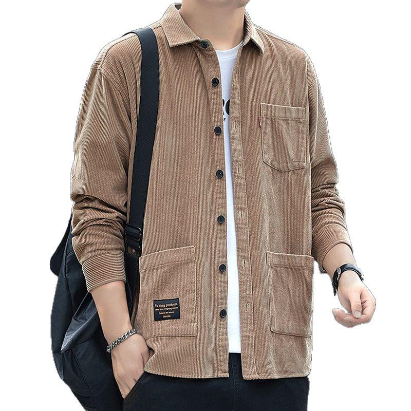 Men's Autumn Long Sleeve Velvet Corduroy Jacket with Real Pockets - Solid Color Casual and Trendy Shirt