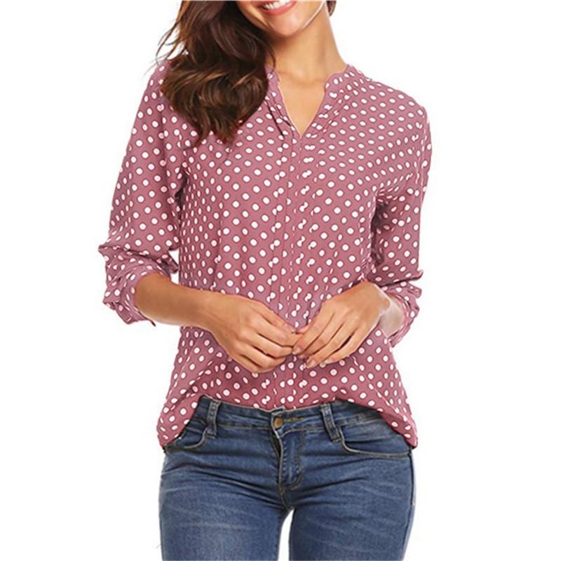 Dot Print V-neck Long Sleeved Loose Women's Blouses & Shirts