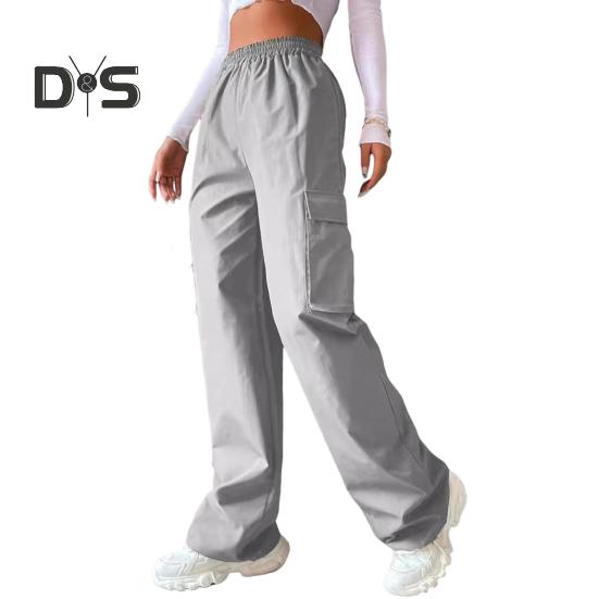 

Женские брюки-карго с эластичной талией, широкие однотонные брюки, повседневные спортивные штаны с боковым карманом-клапаном S светло-серый