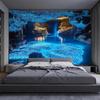2D Flat - Extra Large Blue Cave Landscape Tapestry in 2D Flat Design - a Vibrant Underwater Scene Featuring Luminous Lights, Mad