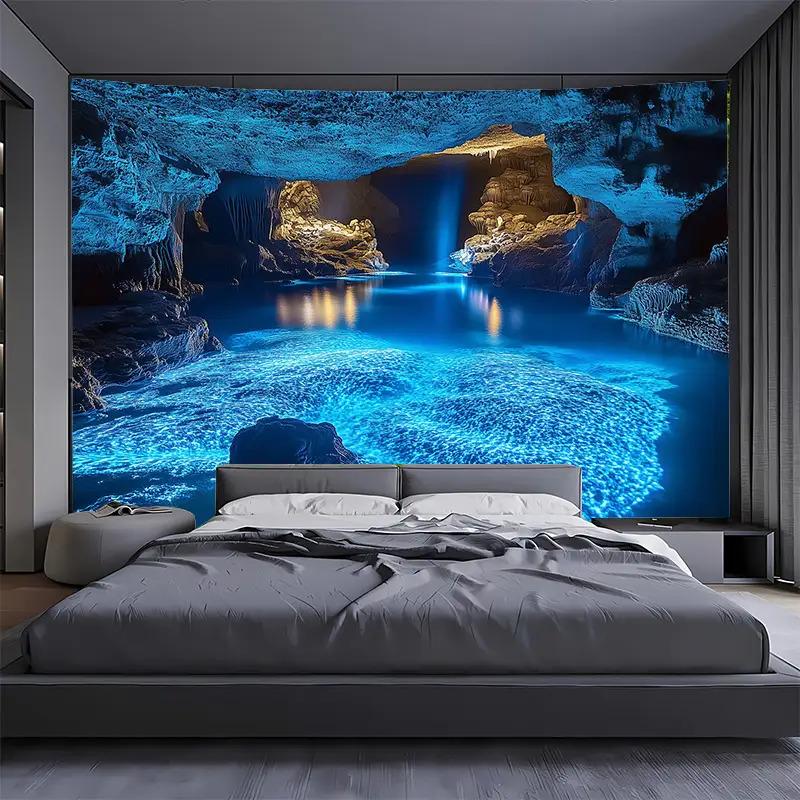 2D Flat - Extra Large Blue Cave Landscape Tapestry in 2D Flat Design - a Vibrant Underwater Scene Featuring Luminous Lights, Mad