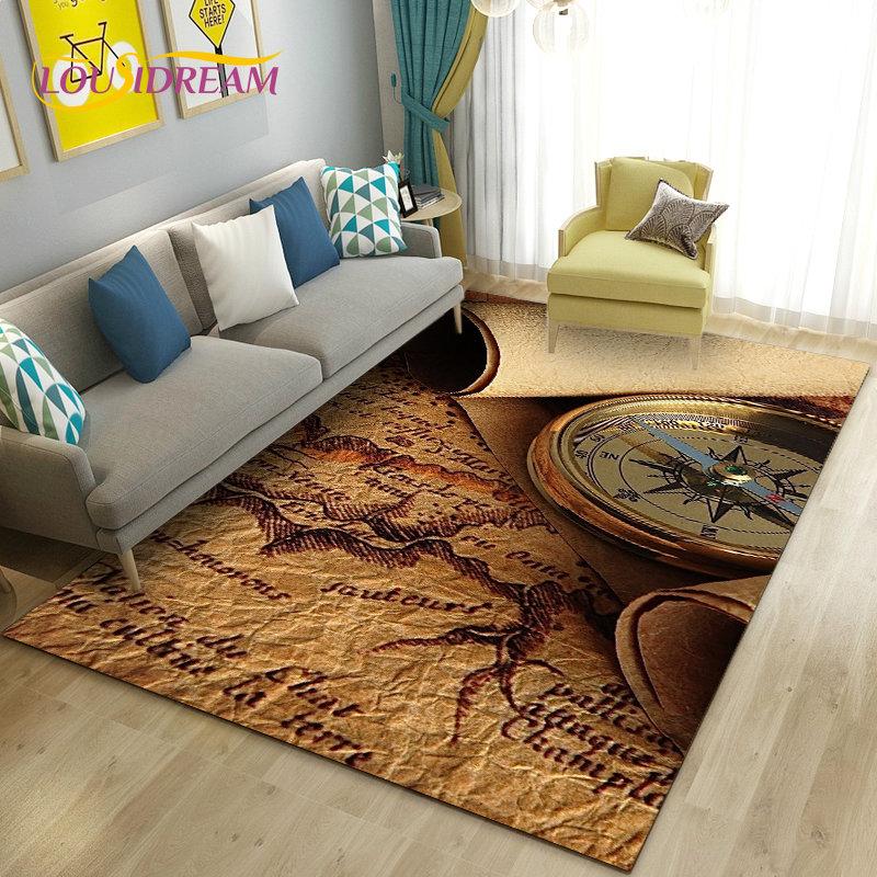 Alfombra retro con diseño de mapa del mundo vintage y brújula, para sala de estar, dormitorio, sofá, decoración, alfombra antideslizante para el suelo