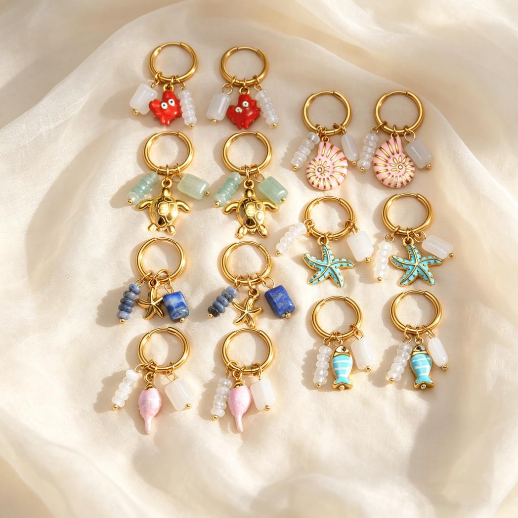 Ocean Series Conch Shell Starfish Fish Pendant Earrings for Women Natural Stone Charms Stainless Steel Waterproof Jewelry