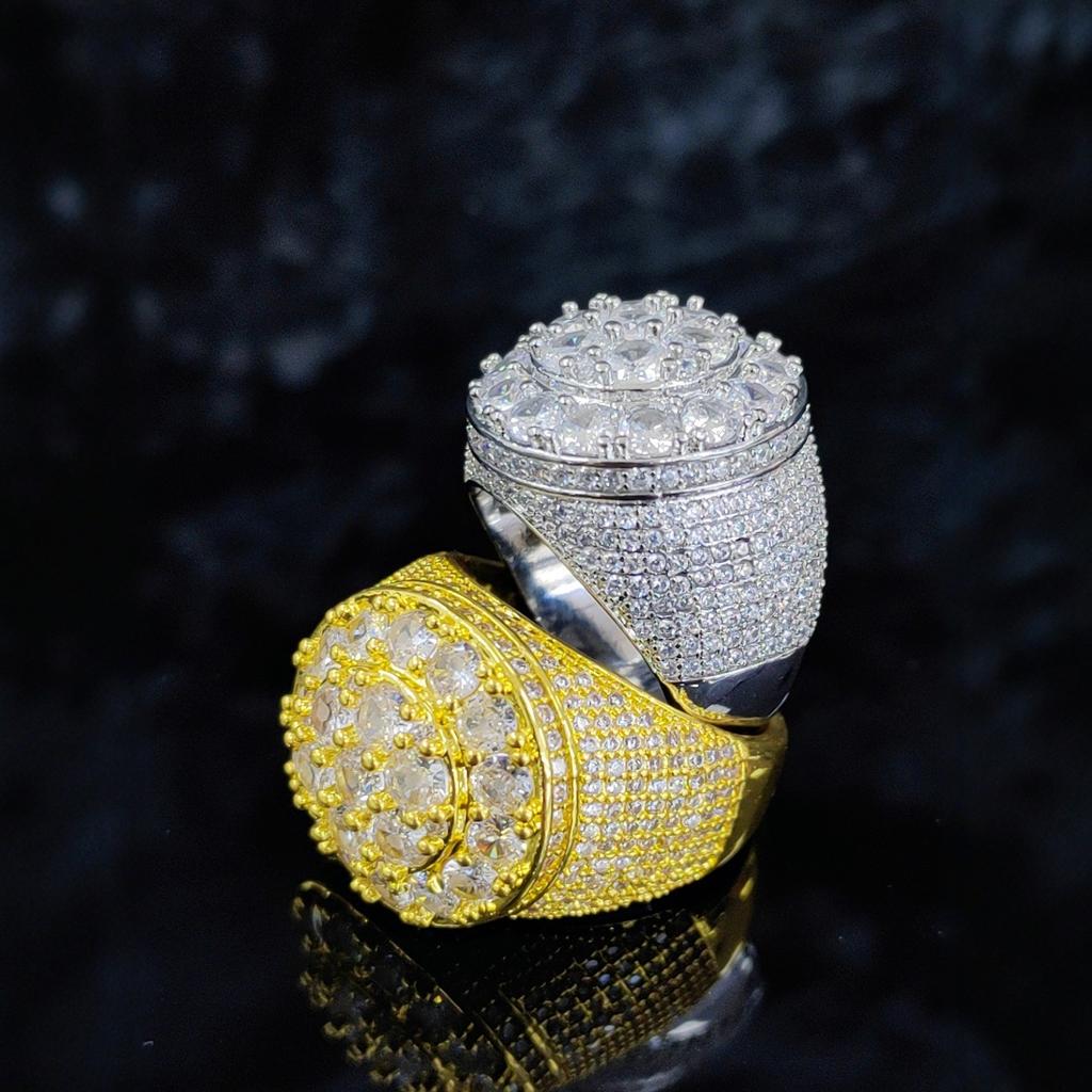 Exaggerated and Domineering Copper Zircon Flower Diamond Ring, European and American Hip-hop and Rap Trendy Men's Ring
