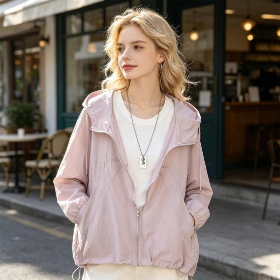 Damen Sonnenschutzjacke durchgehend Reißverschluss Langarm Sonnenhemd Leicht Schnelltrocknend Sportliches Trainings-Kapuzenpulloverjacke
