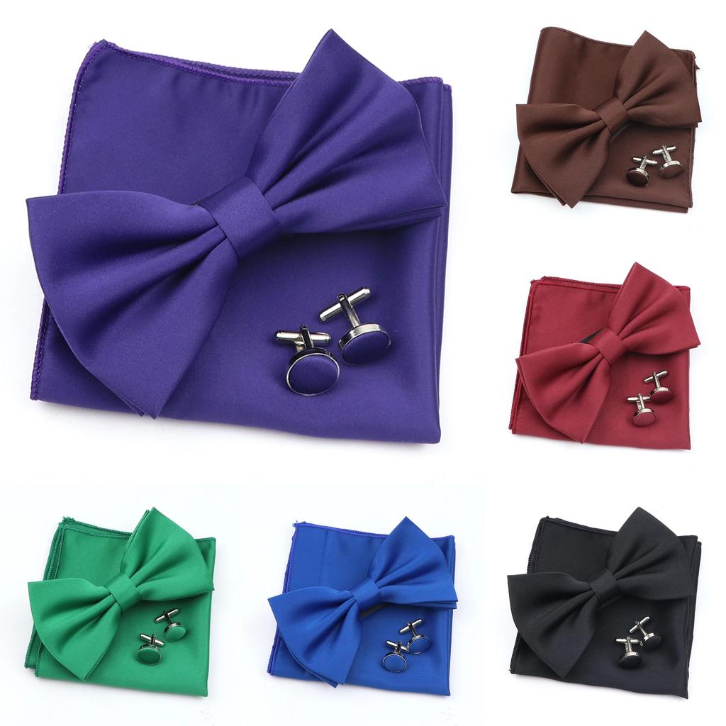 Einfarbiges Herren-Fliege-Taschentuch-Manschettenknopf-Set aus Polyester, Schmetterling, Hochzeit, Party, Abendessen, Zubehör