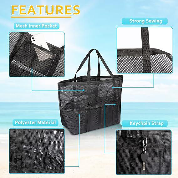 Mesh Beach Bag with 8 Pockets - Large Capacity Travel & Toy Storage Bag
