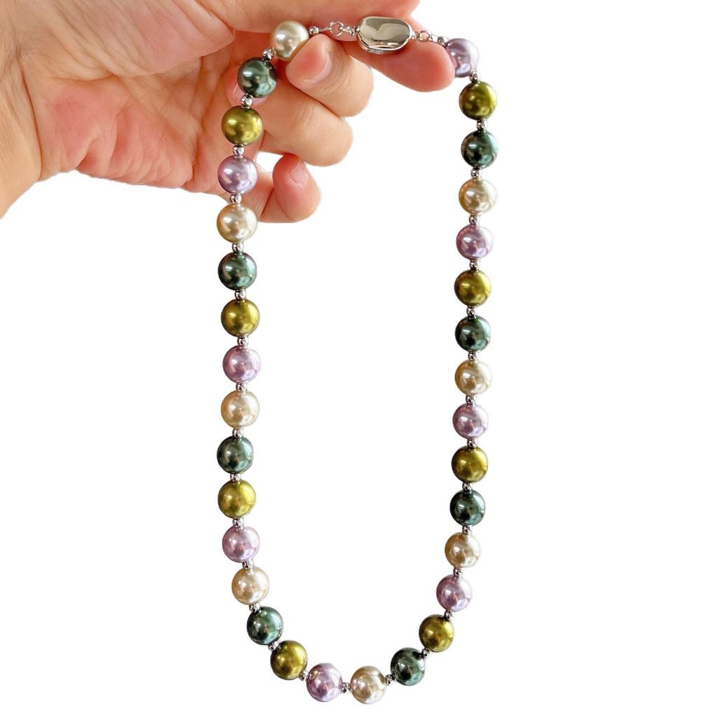 10Mm Autumn/Winter Morandi Color Mixed Color Tahitian Artificial Crystal Pearl Necklace Clavicle Chain