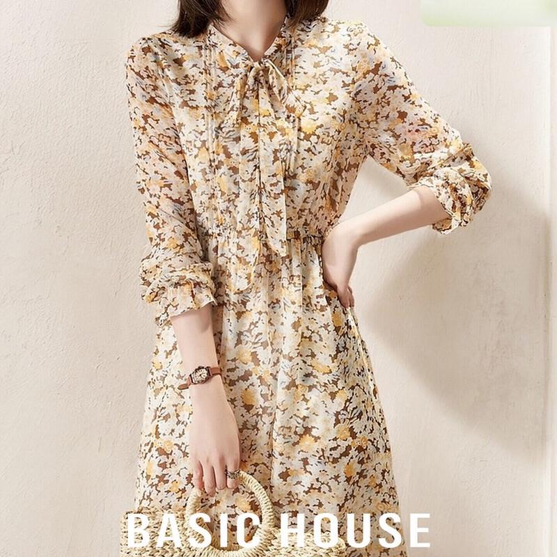 Basic House Women s Floral Tie-Waist Midi Dress M
