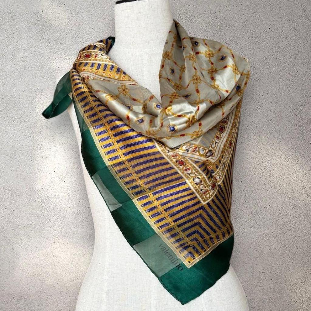 Used Valentino Large Scarf, Jewel Print, Classical Design, Green Tones