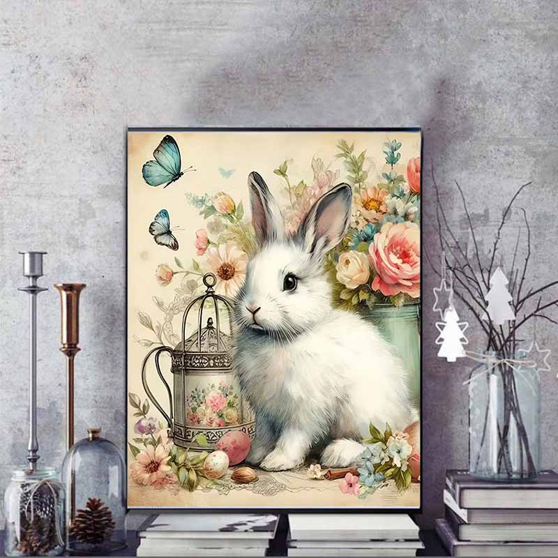 Flowers and Rabbit Full Diamond Painting Set, 5D Colorful Round Gemstone DIY Cross Stitch Decoration Home Wall Mural