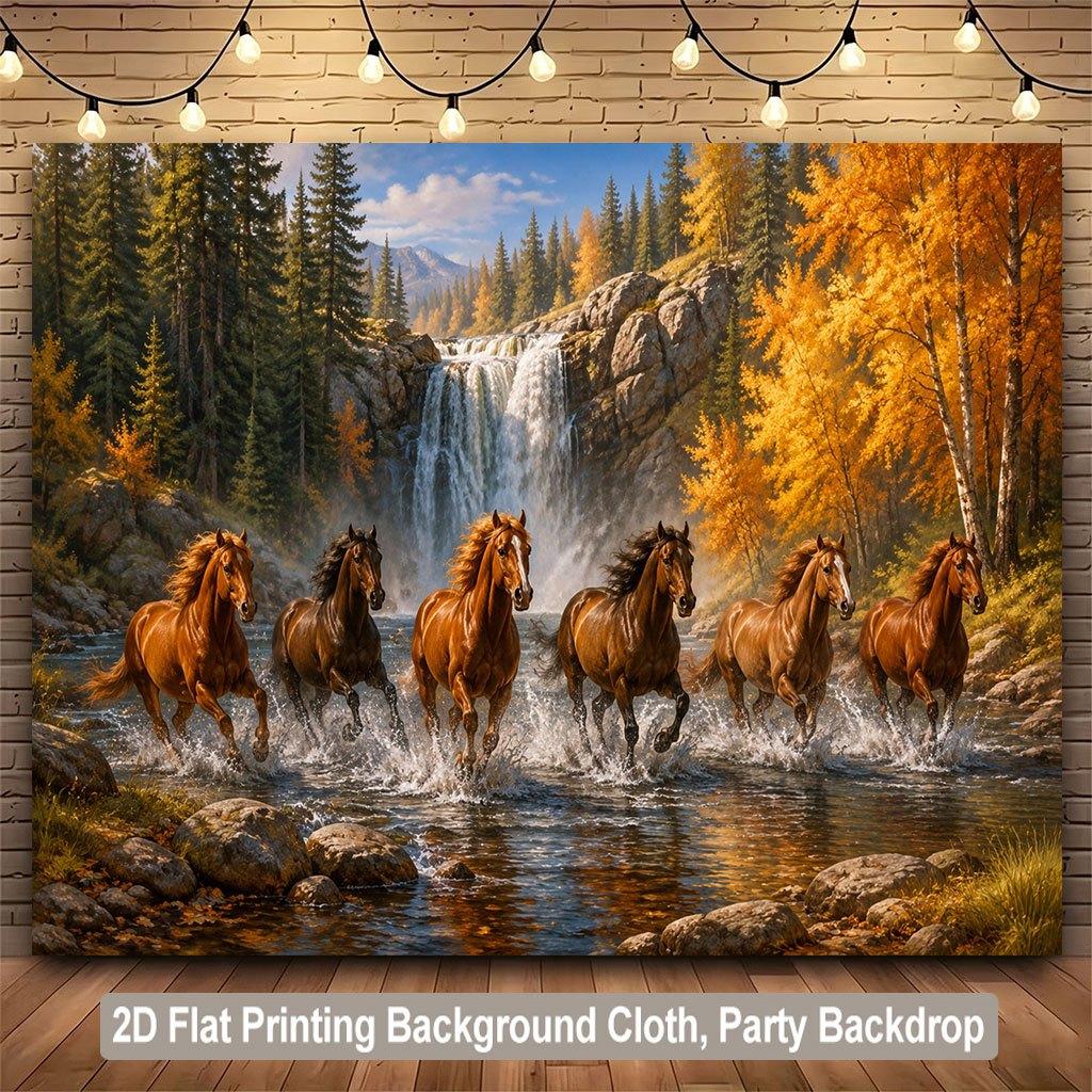 2D plane 1 piece of banner with a background scene of a galloping horse a flowing stream and a waterfall in autumn. 100x150cm