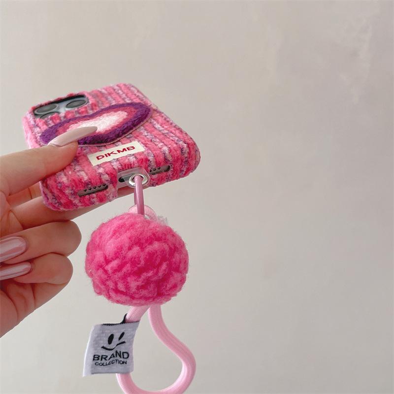 Cute Fluffy Plush iPhone Case with Colorful Heart Decor & Elastic Wrist Strap Sweet Phone Cover for iPhone 17/15/14/13 Pro Max