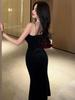 Luxurious French Gold Velvet Fishtail Slip Dress for Women - Autumn/Winter Sexy Bodycon with Hip-Slit for Evening Wear