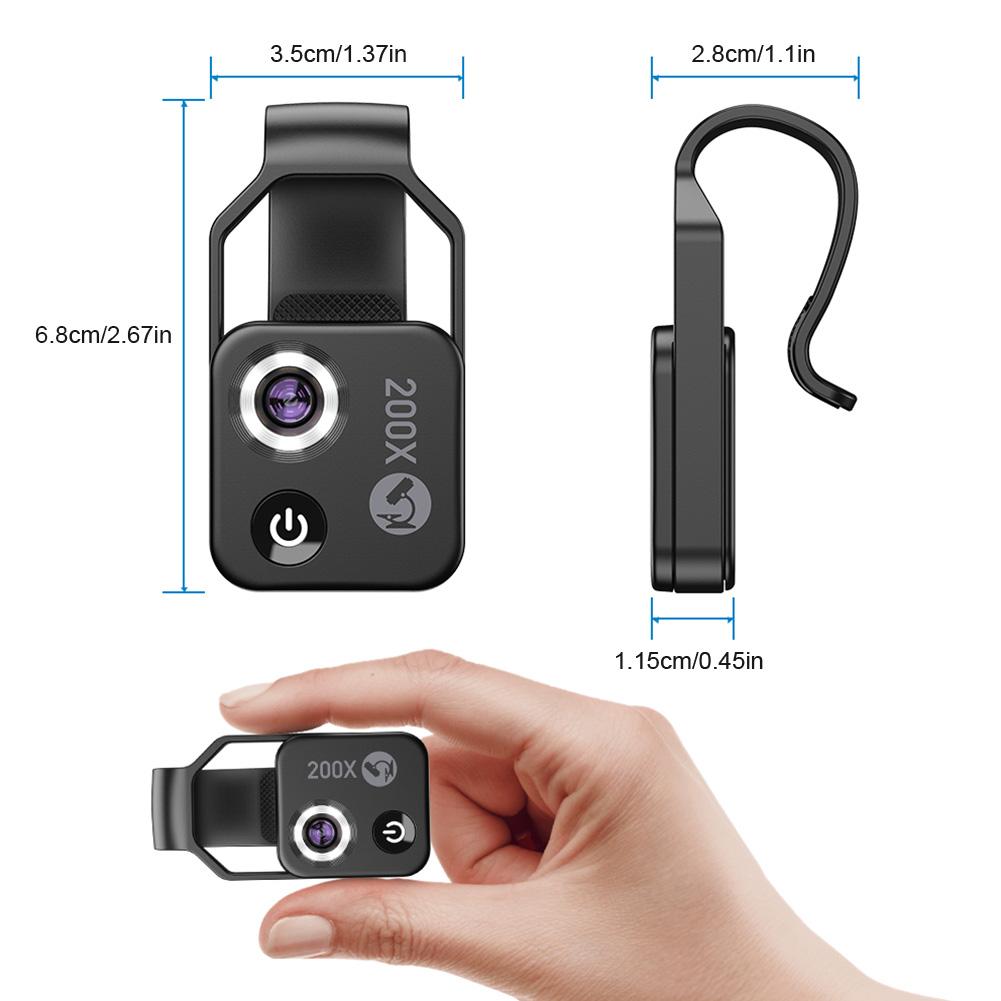 200X Portable Digital Microscope with LED Light/Universal Clip Magnification Microscope Lens USB-C Charging for Most Smartphone