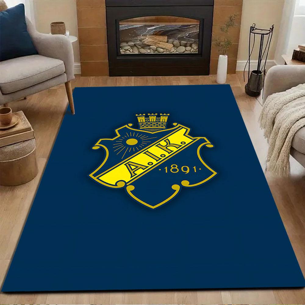 Yellow "A.I.K. 1891" Emblem On Blue Patterned Carpet, Non Slip Mat Suitable for Living Room and Bedroom Sofas