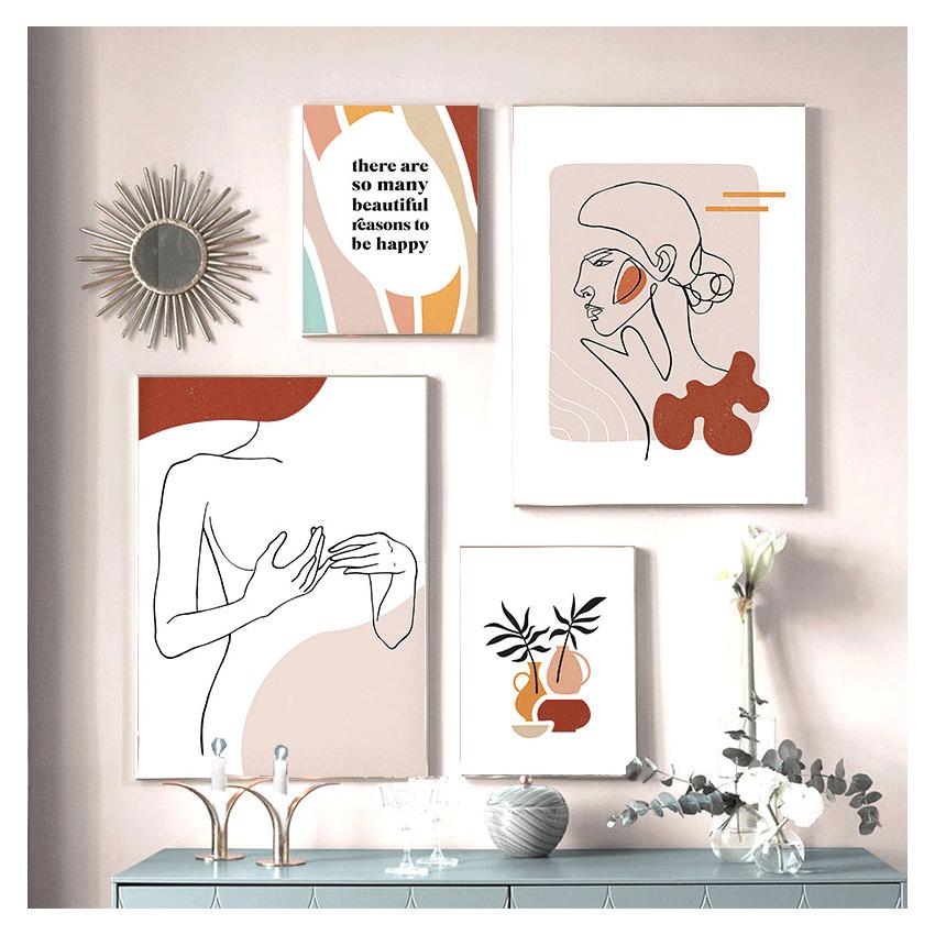 Retro Wall Art Canvas Painting Nordic Posters And Prints Wall Pictures For Living Room Decor Line Girl Plant Moon Quote Abstract