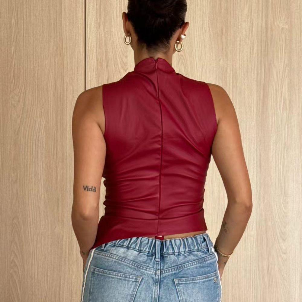 Sleeveless Leather Vest, European and American Style Women's Clothing, Leather Stand Up Collar, Waist Cinching, Irregular Sleeveless Top