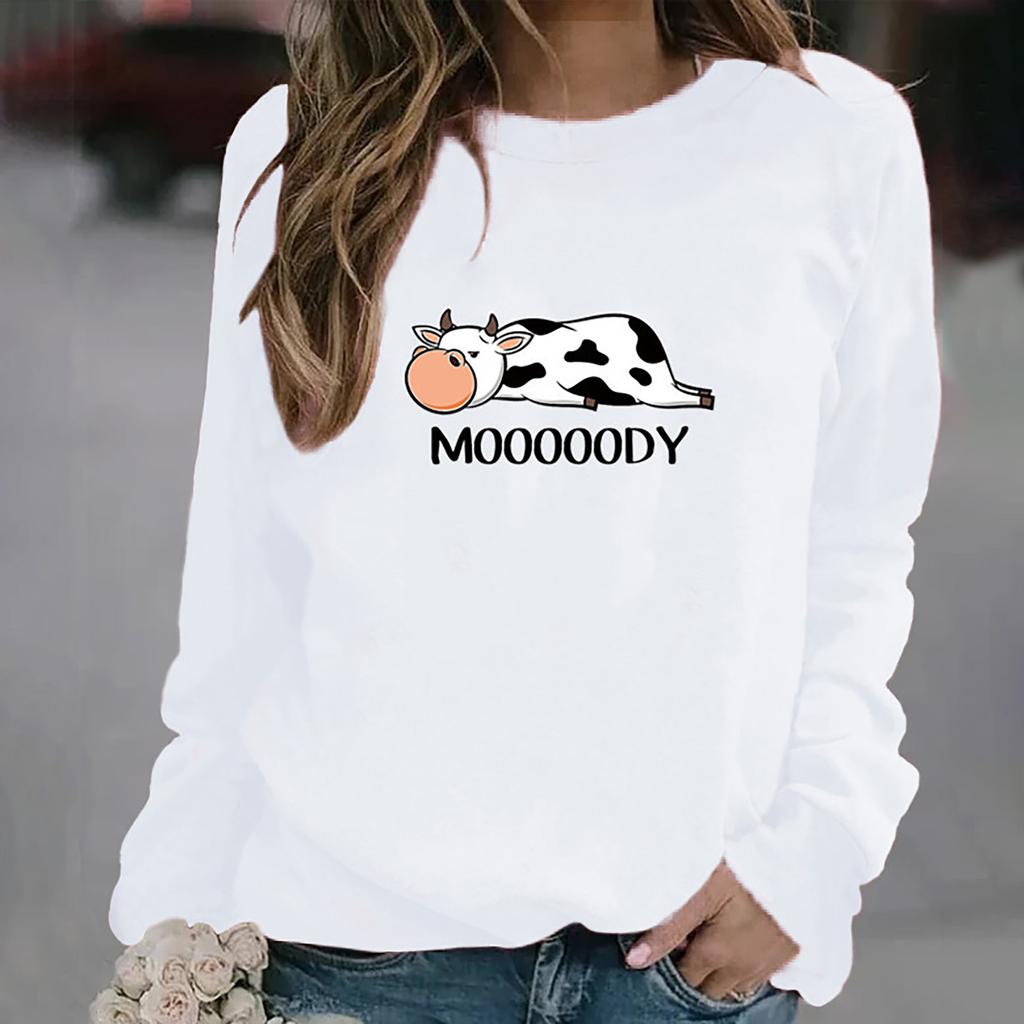 Women's Fashion Cow Printed O- Neck Long Sleeve Loosen Sweatershirt Top