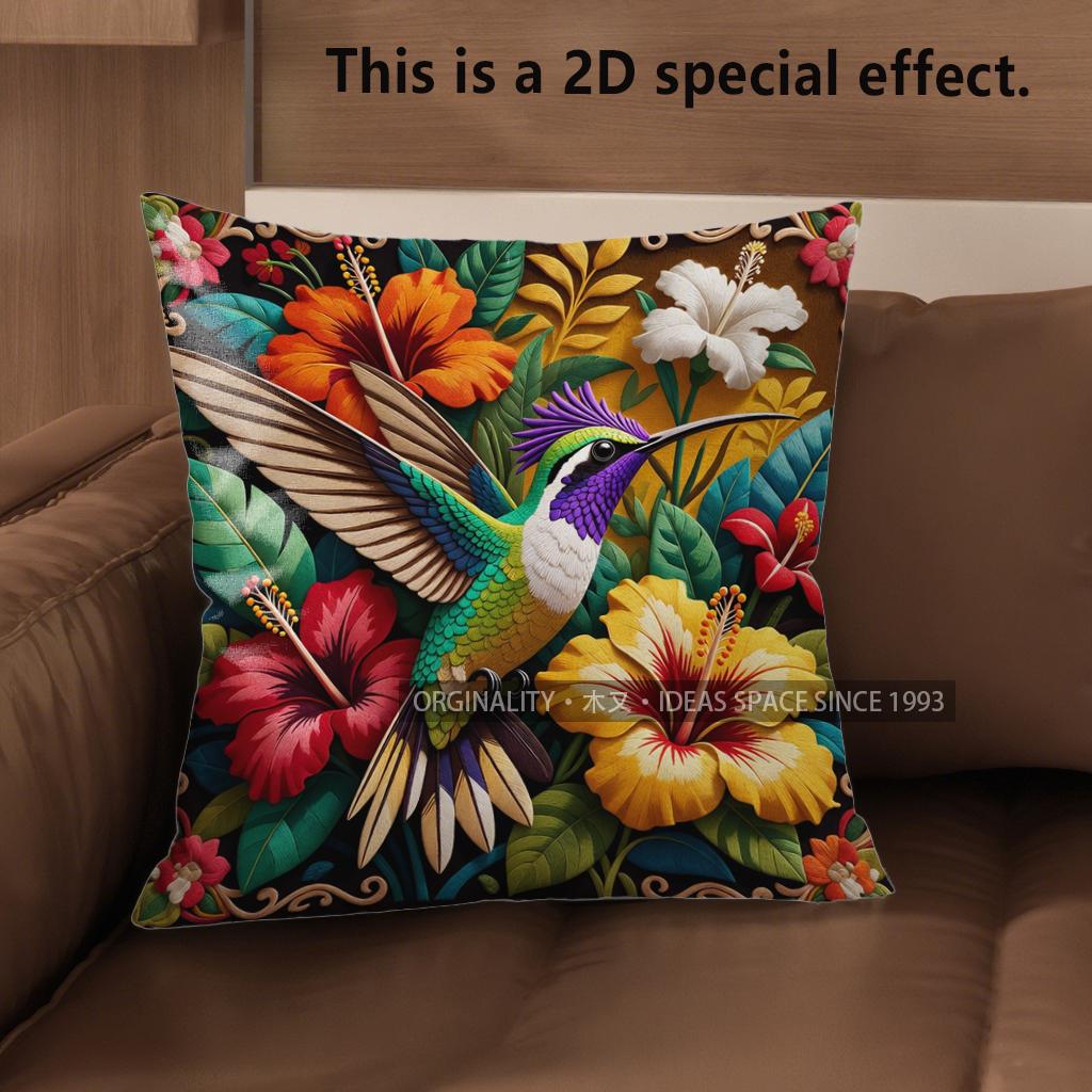 2D Hummingbird Floral Bohemian Throw Pillow Covers Pattern Cushion Cover Suitable For Sofa Bedroom Car Pillow Cover