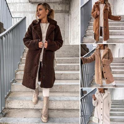 Winter Women Jacket Thick Fleece Turn-down Collar Long Sleeves Button-down Solid Color Mid Length