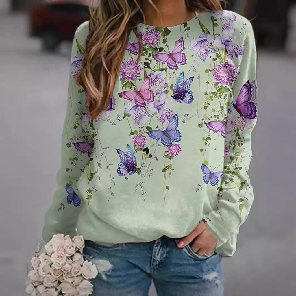 Neuer Herbst- und Winter Damen Floral Schmetterling Tierdruck Rundhals Kurz Langarm Hoodie