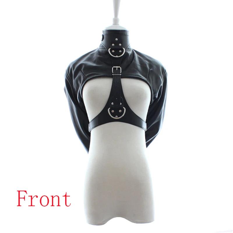Manyjoy PU Leather Straight Jacket Top Women's Open Breast Jacket Straight Body Arm Binder Harness  Role Play Costumes
