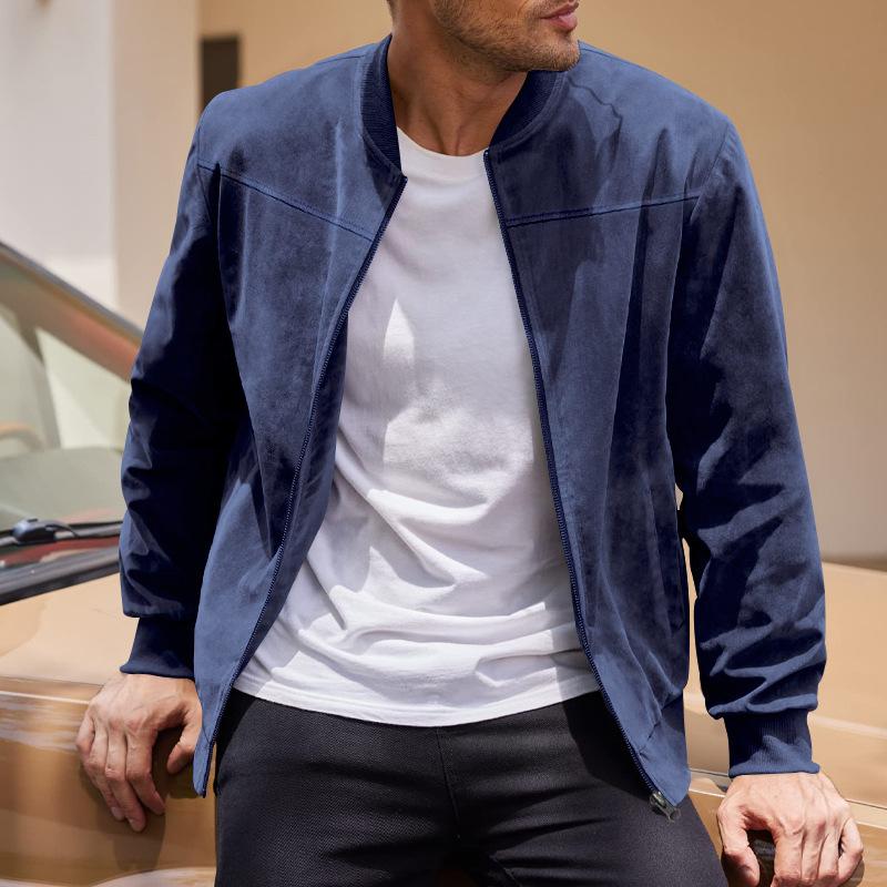 Giacca Cardigan da Uomo in Pelle Scamosciata, Colore Unito, con Zip, Manica Lunga, Casual, Vintage, per Primavera e Autunno